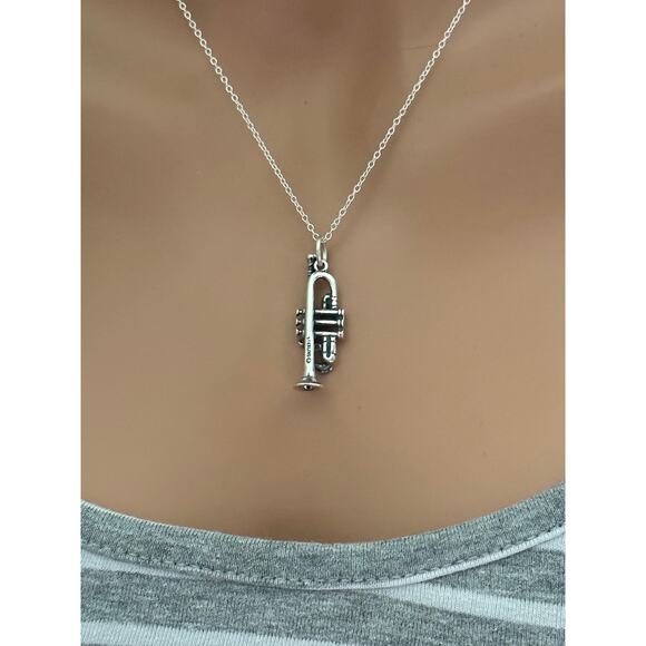 Sterling Silver 3D Trumpet Necklace, Sterling Silver Trumpet Necklace - Picture 4 of 5